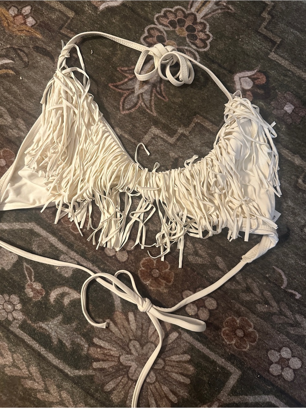 L Space Fringe Bikini Top in white Size D Cup Large
